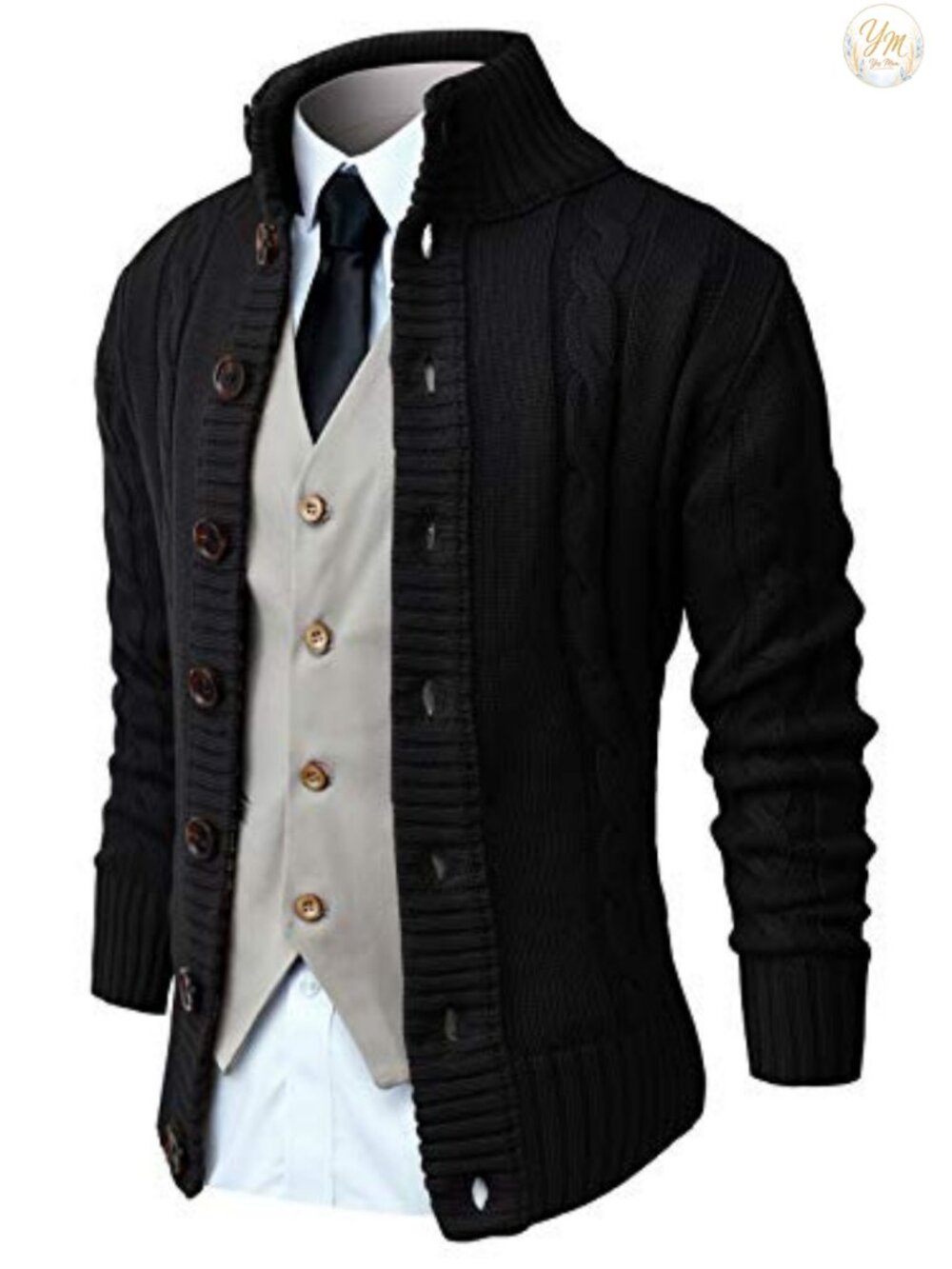 Mens Long Sleeve Stand Collar Cardigan Sweater Button Down Cable Knit